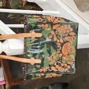 CONSUELA Hunter, Camouflage Embroidered Cheetah Large Tote Bag with Tan Handles